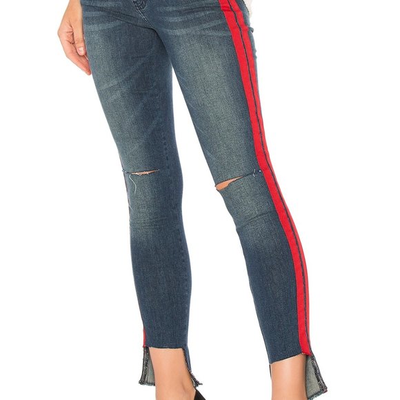 Etienne Marcel Tammy Side Stripe Skinny Double Red Ribbon High Low Raw Hem Jeans - Picture 2 of 16